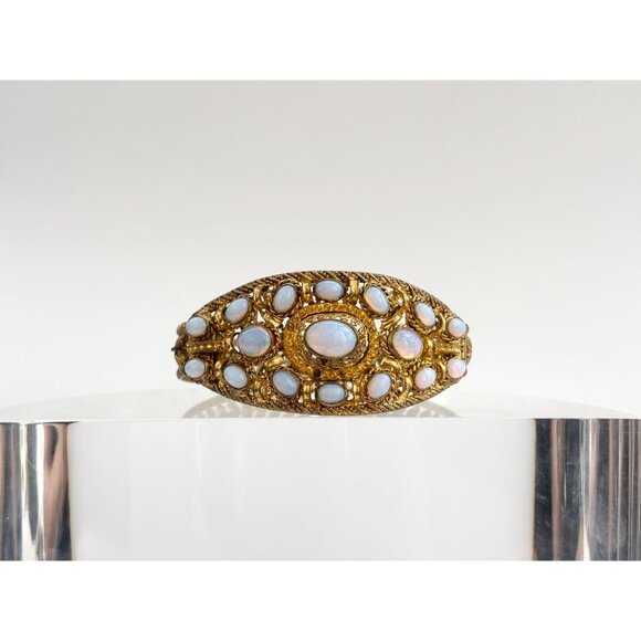 Faux Opal Gemstone Gold Toned Textured Chunky Vintage Bracelet Costume Bracelet - Picture 2 of 16